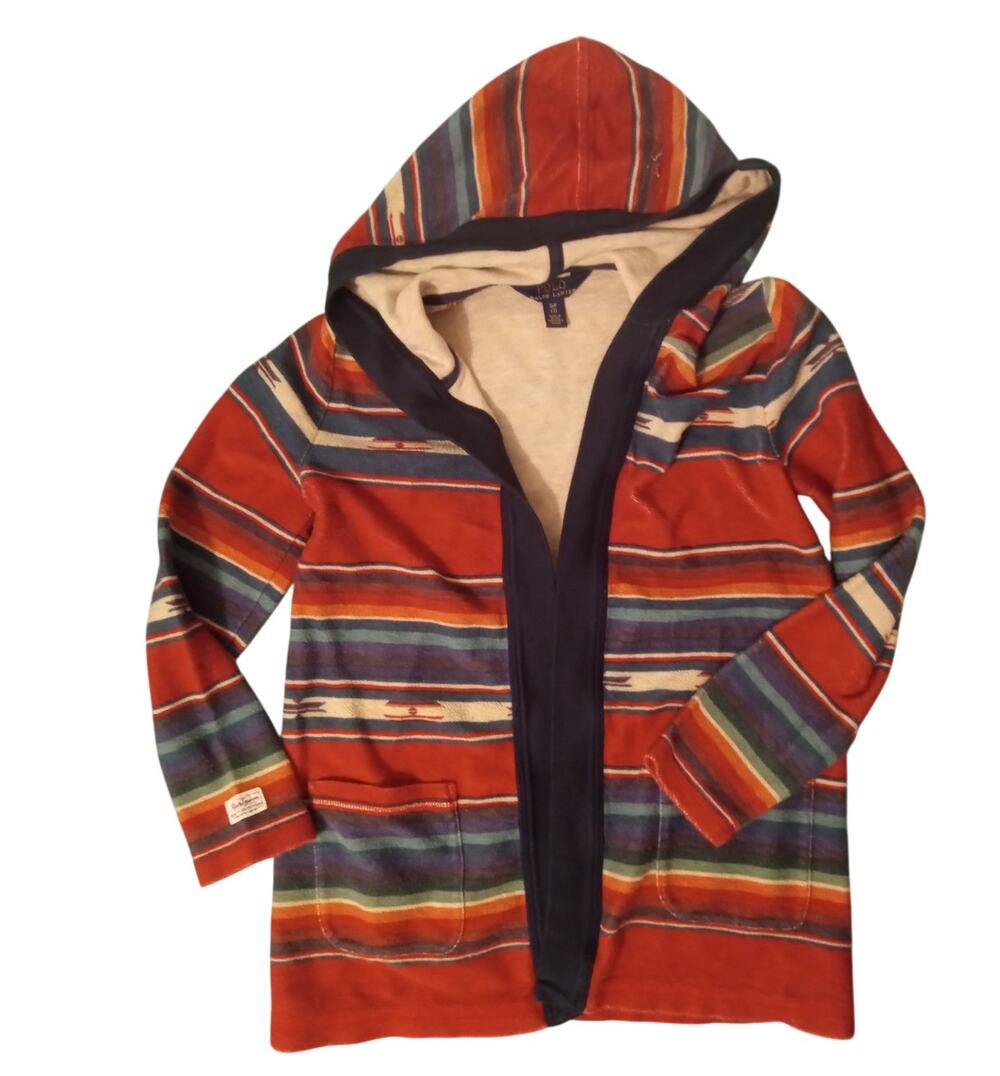 Vtg 90s Polo Ralph Lauren Southwestern Aztec Striped Hooded Cardigan Sweater S 7